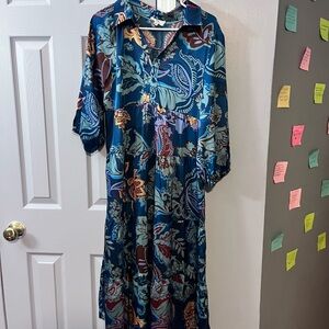 Umgee Blue and Brown Floral Midi Dress